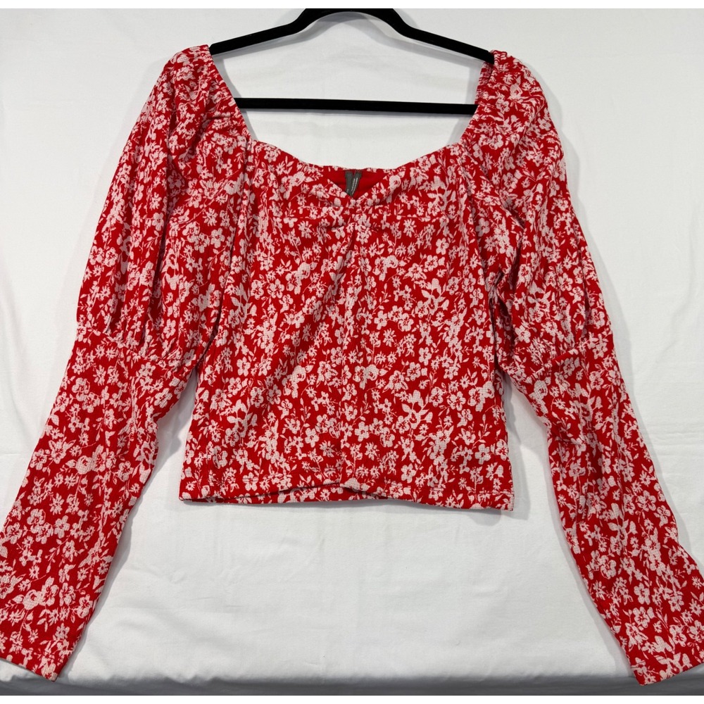 Anthropologie Red White Floral Puff Sleeve Square Neck Top Size M OB1425032